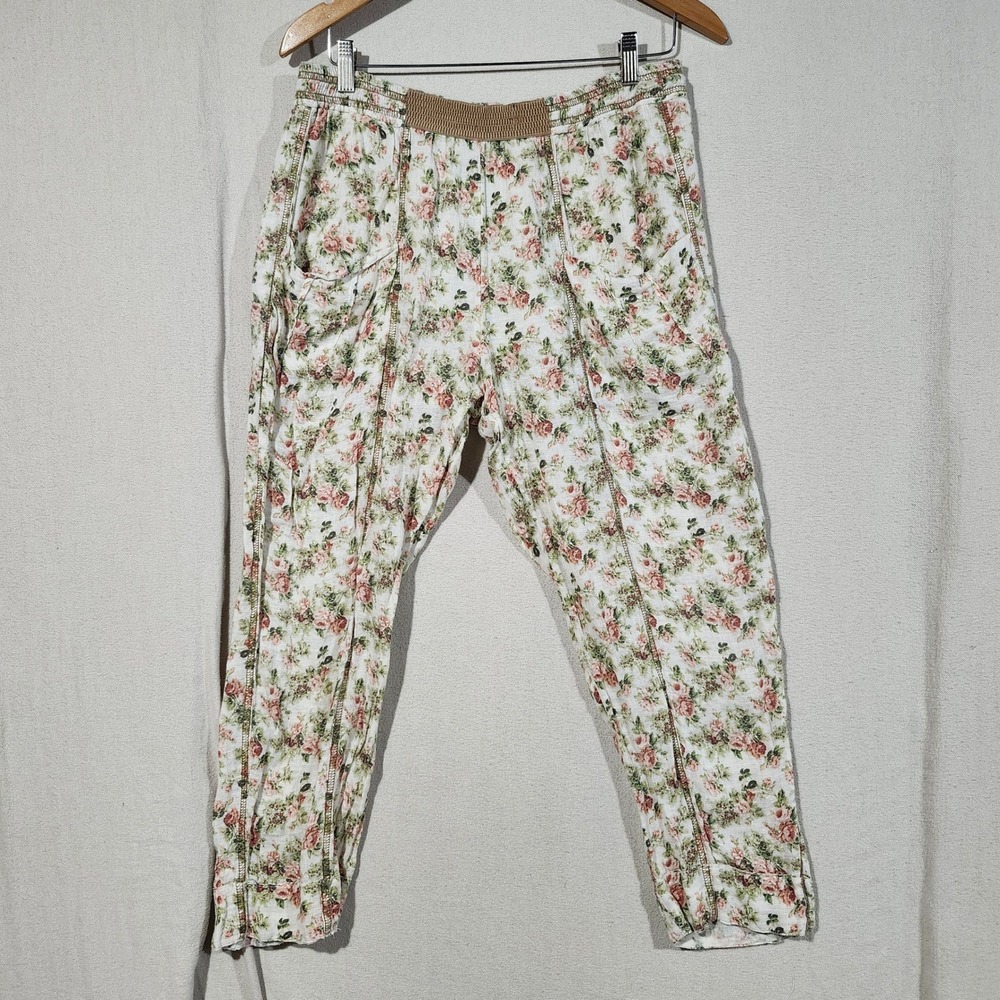 Yuvita 100%Linen Floral Rose Print Relaxed Pants Cream Pink Green Women Size M